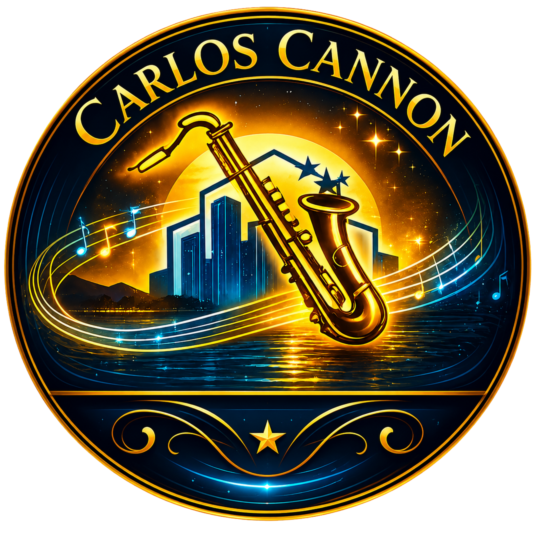 Carlos Cannon logo featuring a gold saxophone, city skyline, and glowing musical notes.